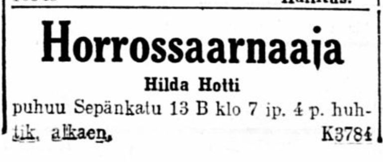 Lehti-ilmoitus Horrossaarnaaja Hilda Hotti puhuu